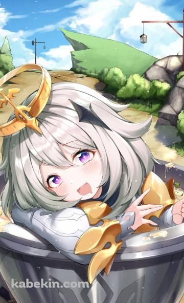 スープの中に入ってフォークを持っているパイモン / 原神のAndroidの壁紙(360px x 592px) スマホ用