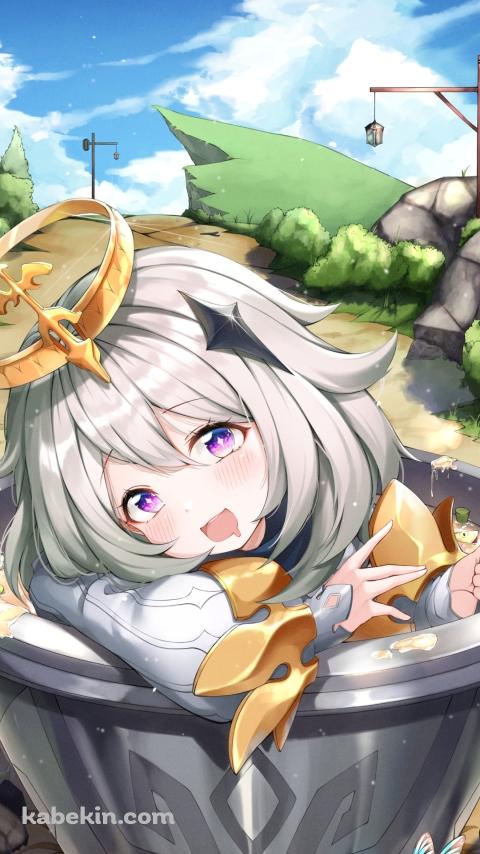スープの中に入ってフォークを持っているパイモン / 原神のAndroidの壁紙(480px x 854px) スマホ用