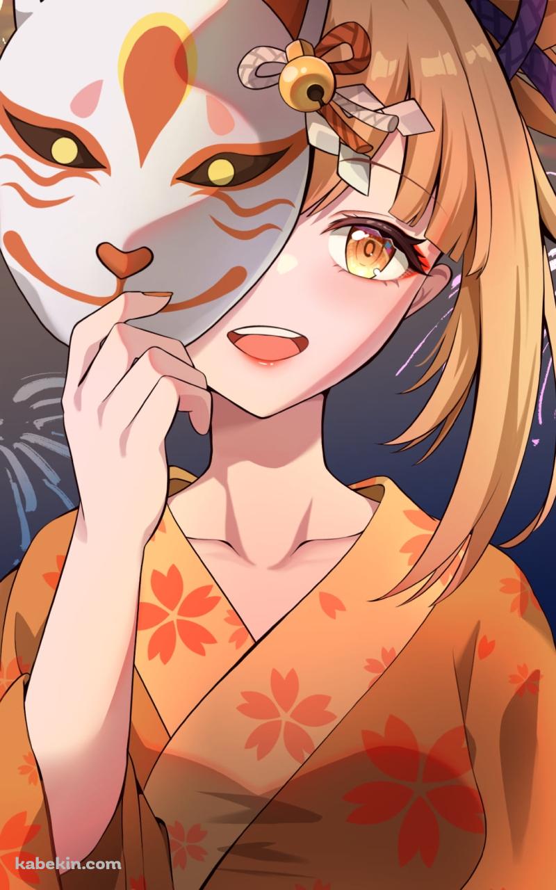 狐のお面を外し笑顔の宵宮 / オレンジの着物 / 原神のAndroidの壁紙(800px x 1280px) スマホ用