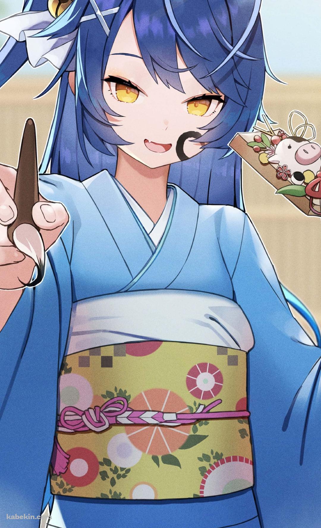 羽子板と筆を持つ青い着物を着た天宮こころ / にじさんじ / バーチャルYouTuber / VtuberのAndroidの壁紙(1080px x 1776px) スマホ用