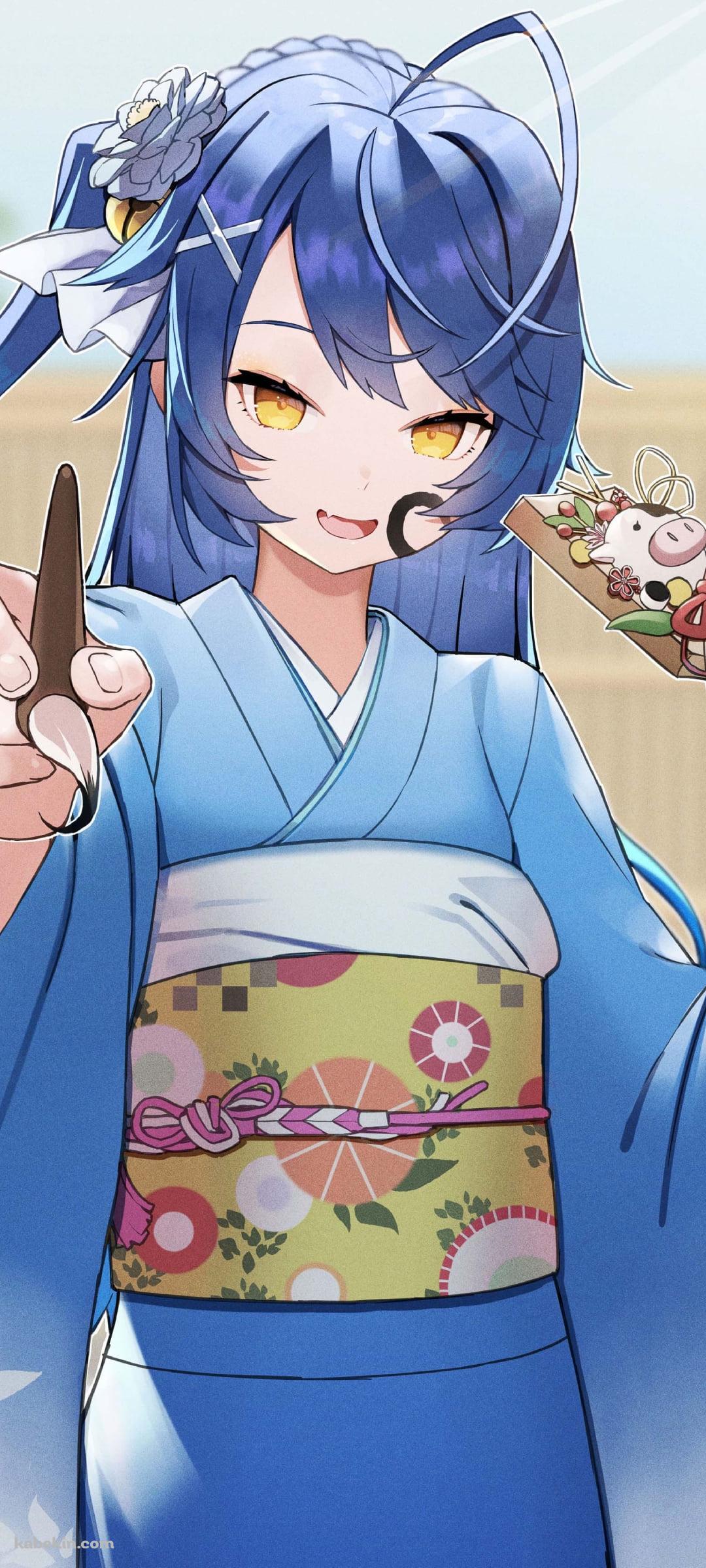 羽子板と筆を持つ青い着物を着た天宮こころ / にじさんじ / バーチャルYouTuber / VtuberのAndroidの壁紙(1080px x 2400px) スマホ用