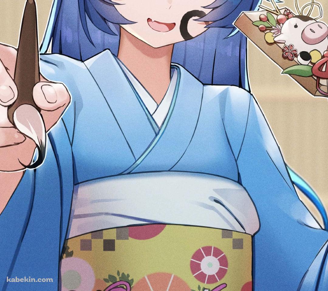 羽子板と筆を持つ青い着物を着た天宮こころ / にじさんじ / バーチャルYouTuber / VtuberのAndroidの壁紙(1080px x 960px) スマホ用