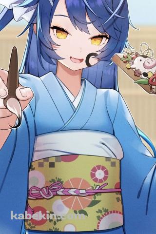 羽子板と筆を持つ青い着物を着た天宮こころ / にじさんじ / バーチャルYouTuber / VtuberのAndroidの壁紙(320px x 480px) スマホ用