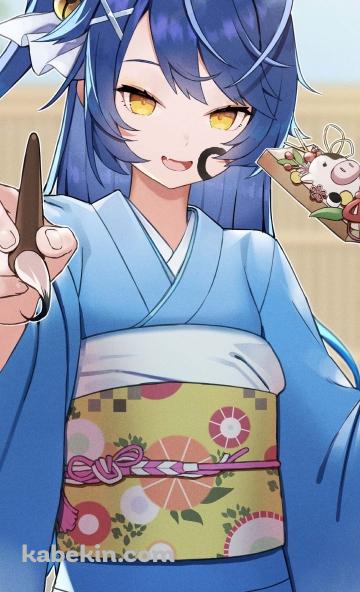 羽子板と筆を持つ青い着物を着た天宮こころ / にじさんじ / バーチャルYouTuber / VtuberのAndroidの壁紙(360px x 592px) スマホ用