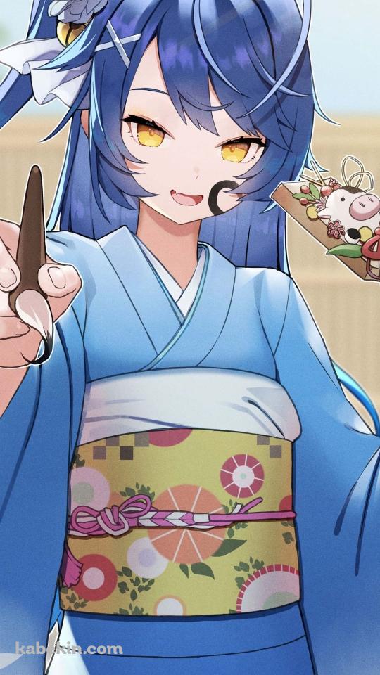 羽子板と筆を持つ青い着物を着た天宮こころ / にじさんじ / バーチャルYouTuber / VtuberのAndroidの壁紙(540px x 960px) スマホ用