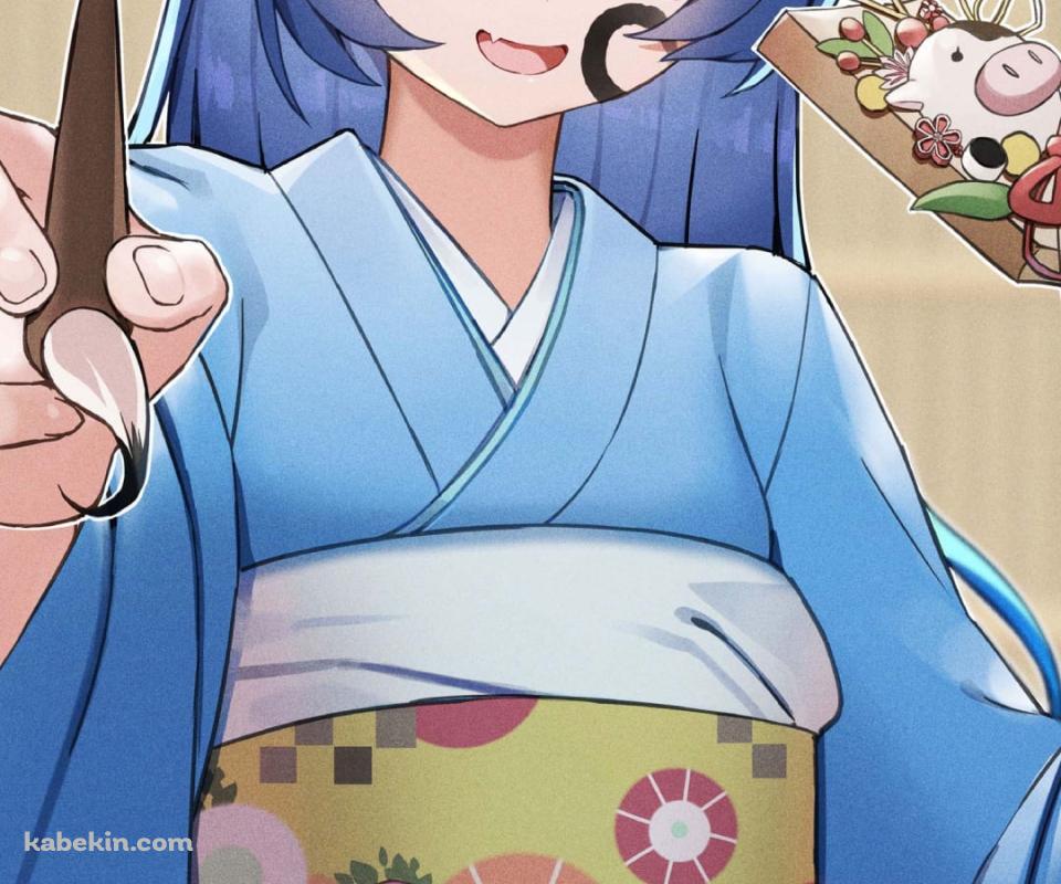 羽子板と筆を持つ青い着物を着た天宮こころ / にじさんじ / バーチャルYouTuber / VtuberのAndroidの壁紙(960px x 800px) スマホ用