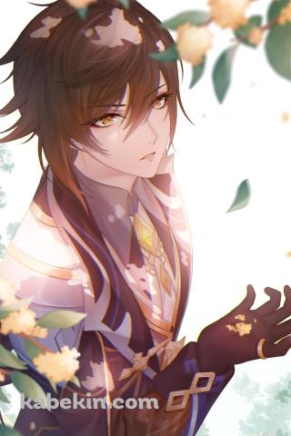 白い花を見つめるかっこいい鍾離 / 原神のAndroidの壁紙(320px x 480px) スマホ用