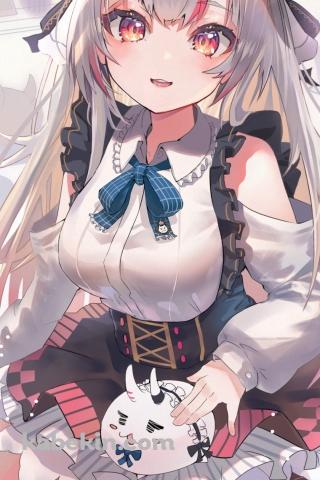 寝室で微笑む可愛い百鬼あやめ / ぽよ余 / ホロライブ / バーチャルYouTuber / VtuberのAndroidの壁紙(320px x 480px) スマホ用