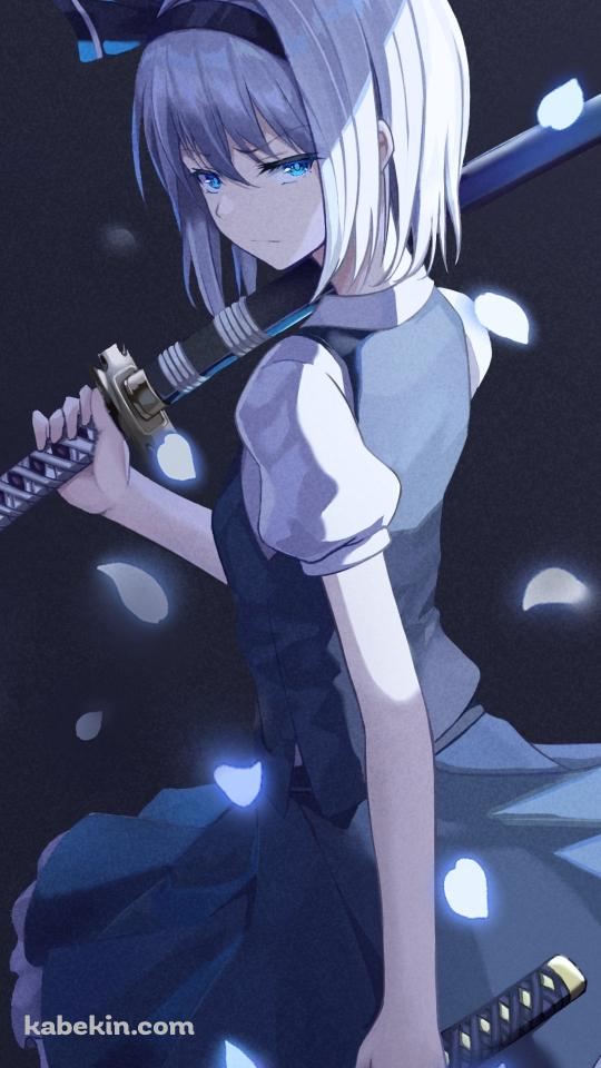 花びらが舞う中、二刀流の魂魄妖夢 / かっこいい / 東方のAndroidの壁紙(540px x 960px) スマホ用