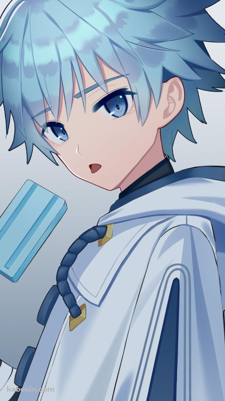青いアイスを持ちながらこちらを見つめる重雲 / アホ毛 / 青い髪 / 白いフード付きの洋服 / 原神のAndroidの壁紙(720px x 1280px) スマホ用