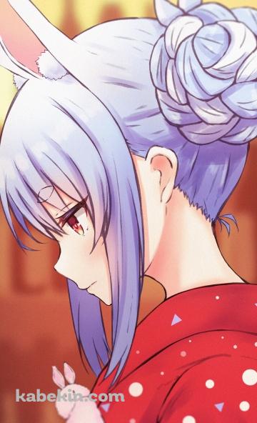 水玉と三角の模様の赤い着物を着た兎田ぺこら / ホロライブ / バーチャルYouTuber / VtuberのAndroidの壁紙(360px x 592px) スマホ用