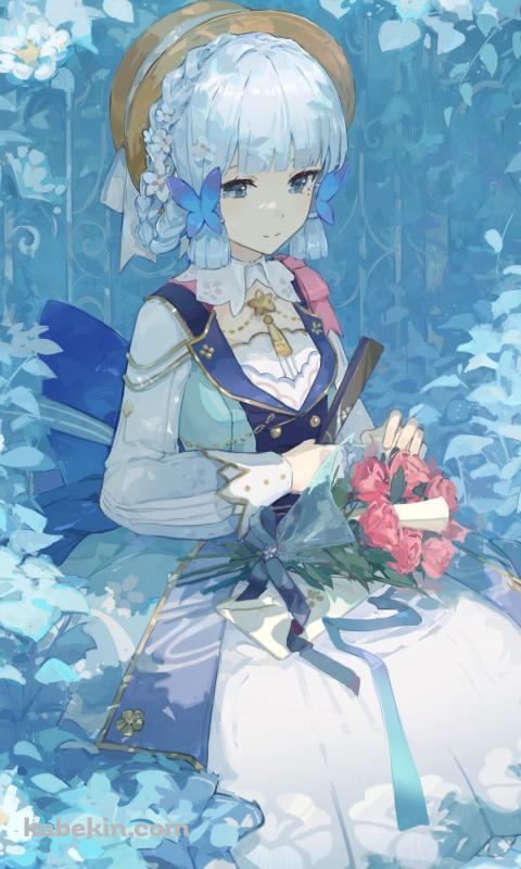 青い花に囲まれた可愛い神里綾華 / 花時に訪れた手紙 / 原神のAndroidの壁紙(480px x 800px) スマホ用