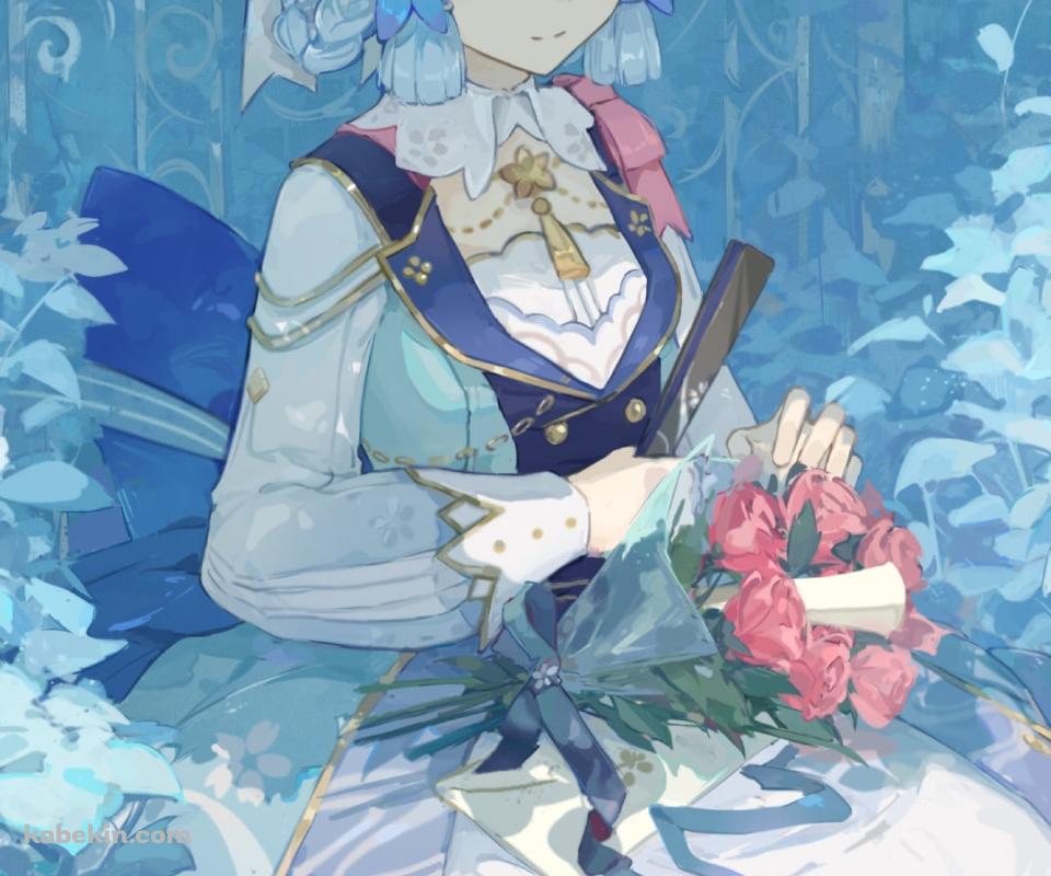 青い花に囲まれた可愛い神里綾華 / 花時に訪れた手紙 / 原神のAndroidの壁紙(960px x 800px) スマホ用
