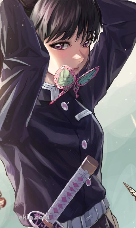こちらを見つめながら髪を結わく栗花落カナヲ / 蝶 / 鬼滅の刃のAndroidの壁紙(480px x 800px) スマホ用