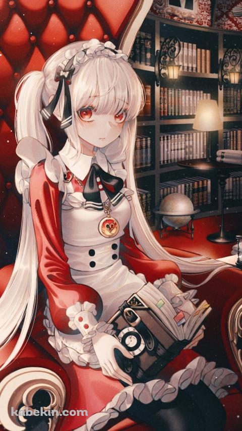 大きな赤い椅子に座って本を読むホワイト・ラビット / 不思議の国のアリスのAndroidの壁紙(480px x 854px) スマホ用