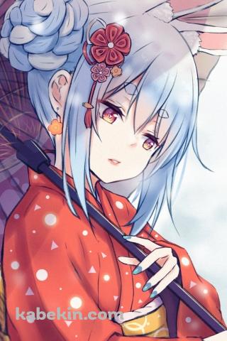水玉と三角の模様の赤い着物を着て和傘をさす兎田ぺこら / ホロライブ / バーチャルYouTuber / VtuberのAndroidの壁紙(320px x 480px) スマホ用