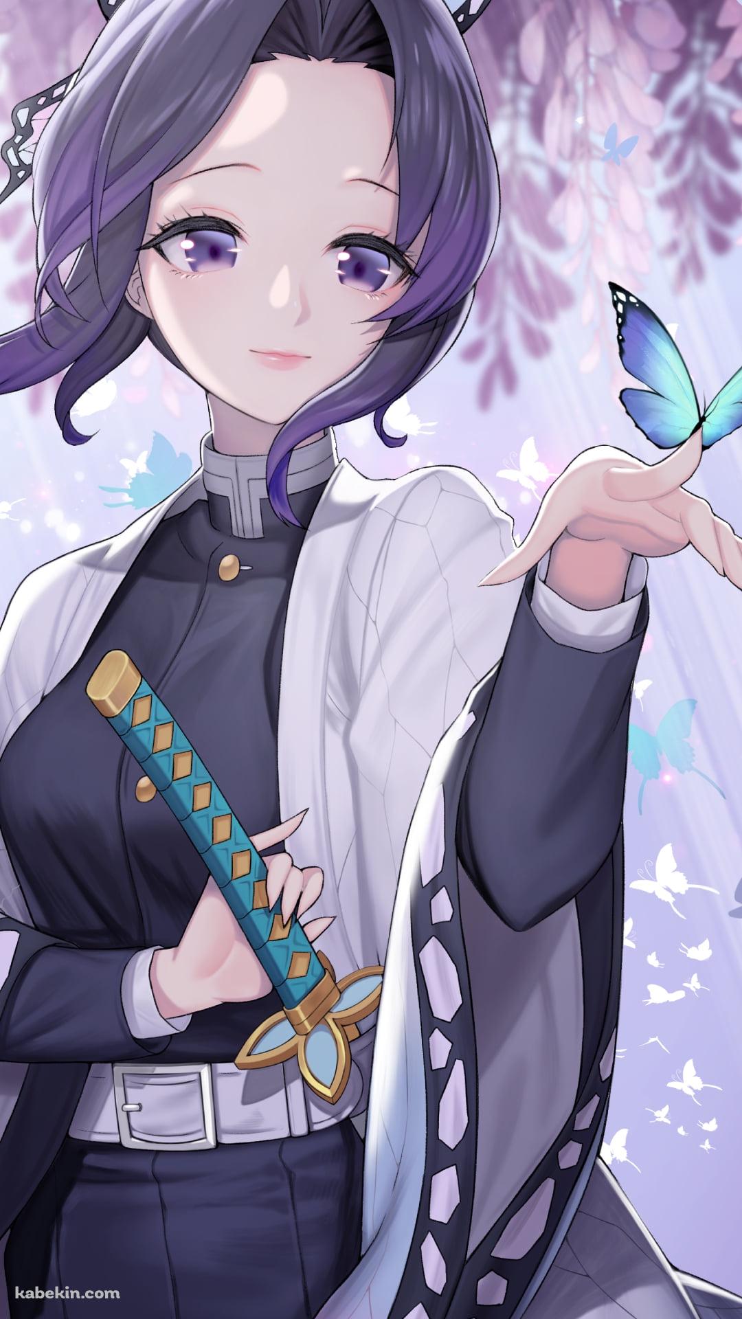 指にとまった青い蝶を見つめる胡蝶しのぶ / 蘭の花 / 鬼滅の刃のAndroidの壁紙(1080px x 1920px) スマホ用