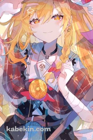 ホウキを持ち三本ピースをする可愛い霧雨魔理沙 / 東方のAndroidの壁紙(320px x 480px) スマホ用