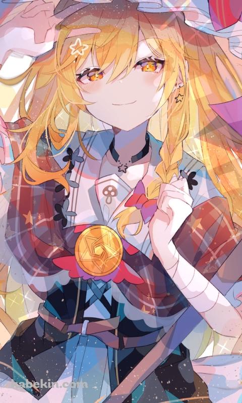 ホウキを持ち三本ピースをする可愛い霧雨魔理沙 / 東方のAndroidの壁紙(480px x 800px) スマホ用