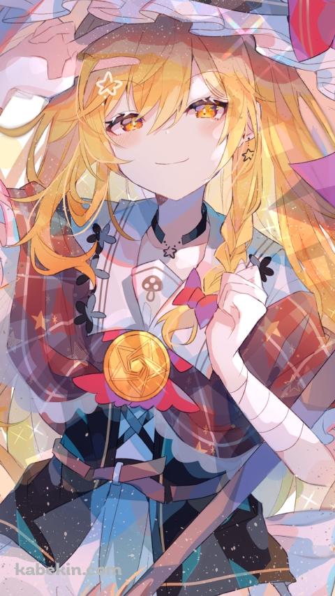 ホウキを持ち三本ピースをする可愛い霧雨魔理沙 / 東方のAndroidの壁紙(480px x 854px) スマホ用