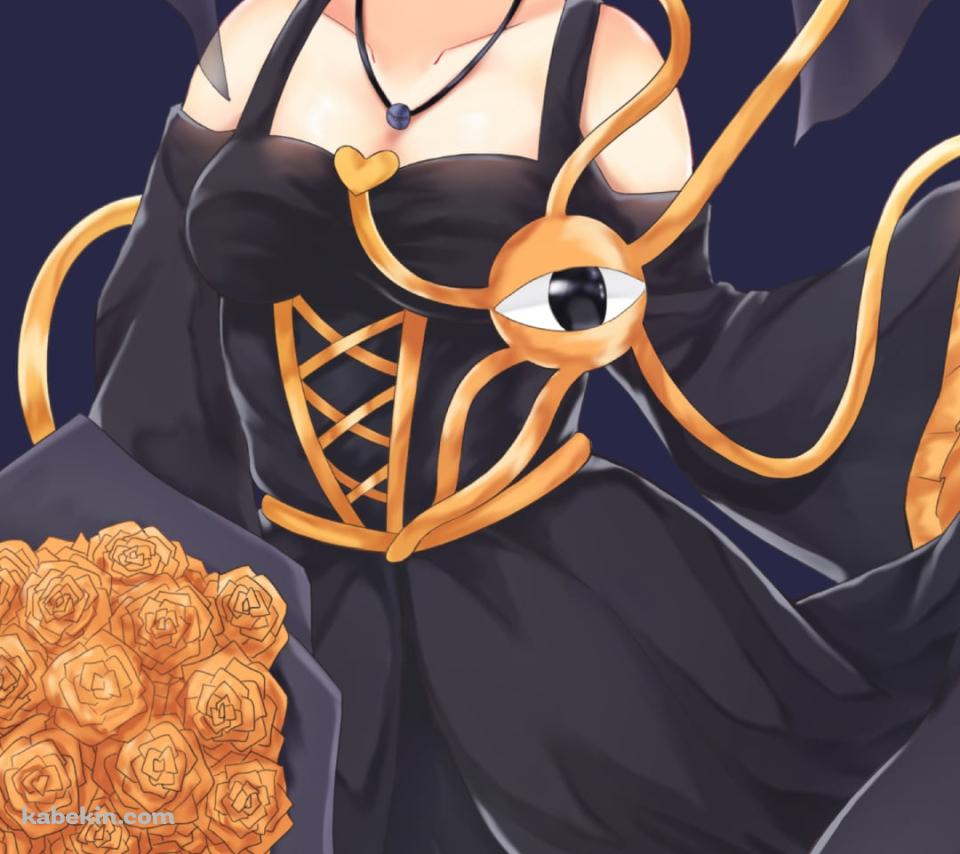オレンジの薔薇の花束を持ち黒いドレスの裾を持つ古明地さとり / 東方のAndroidの壁紙(960px x 854px) スマホ用