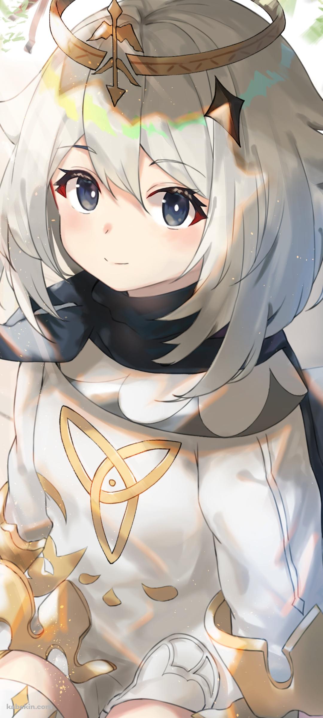 石畳に座り微笑むパイモン / 原神のAndroidの壁紙(1080px x 2400px) スマホ用