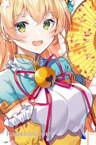 黄色の扇子であおぐ可愛い桃鈴ねね / ホロライブ / バーチャルYouTuber / VtuberのAndroidの壁紙(320px x 480px) スマホ用