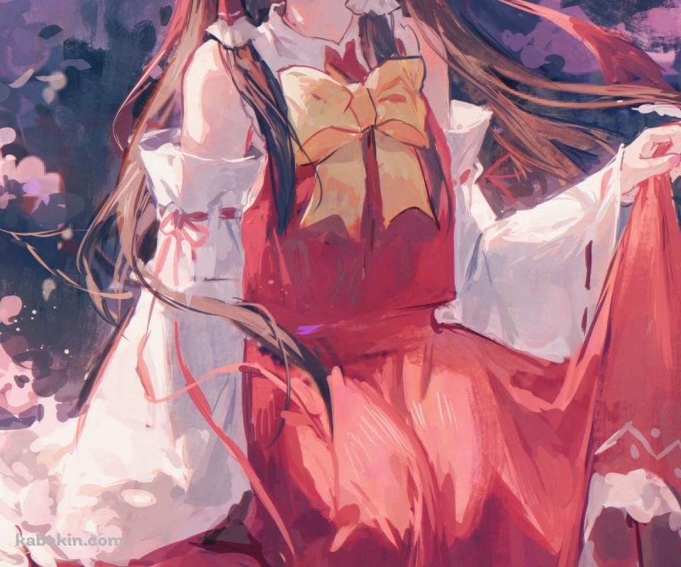 水に足を浸す博麗霊夢 / ピンクの花 / 東方のAndroidの壁紙(960px x 800px) スマホ用