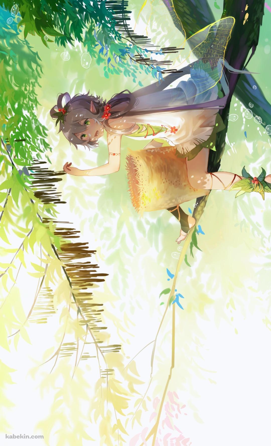 木の上で木の実を収穫する洛天依 / ボカロ / ボーカロイドのAndroidの壁紙(1080px x 1776px) スマホ用