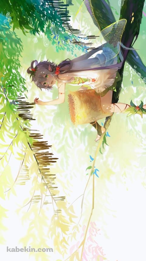 木の上で木の実を収穫する洛天依 / ボカロ / ボーカロイドのAndroidの壁紙(480px x 854px) スマホ用