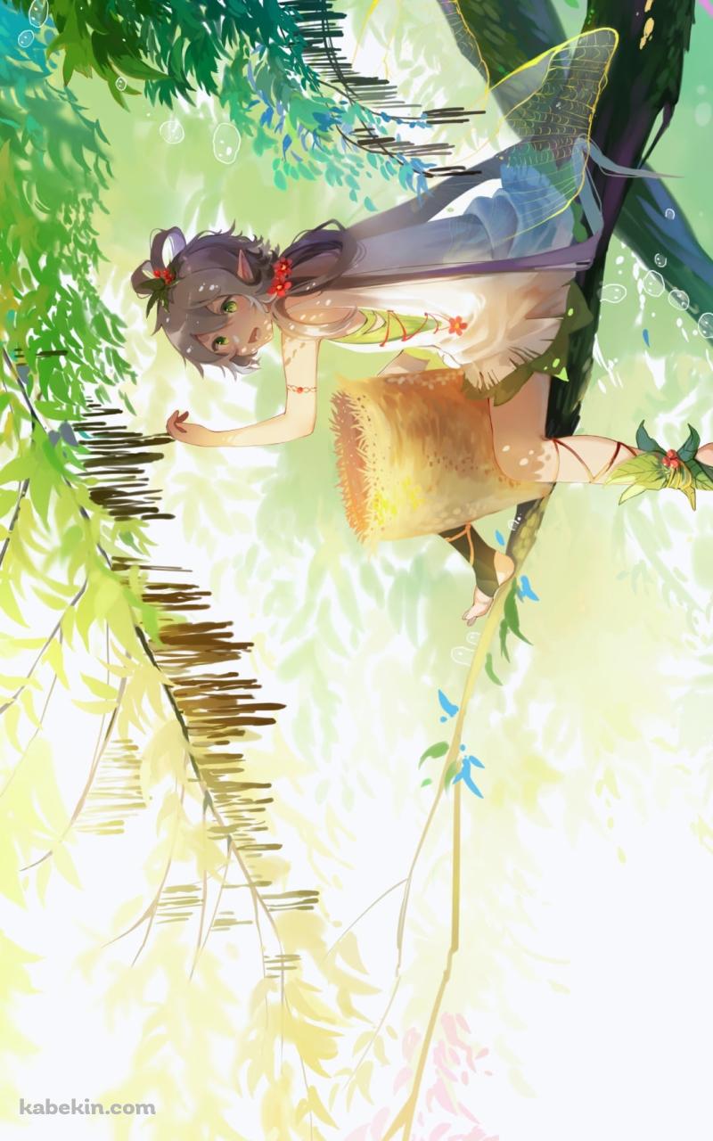 木の上で木の実を収穫する洛天依 / ボカロ / ボーカロイドのAndroidの壁紙(800px x 1280px) スマホ用