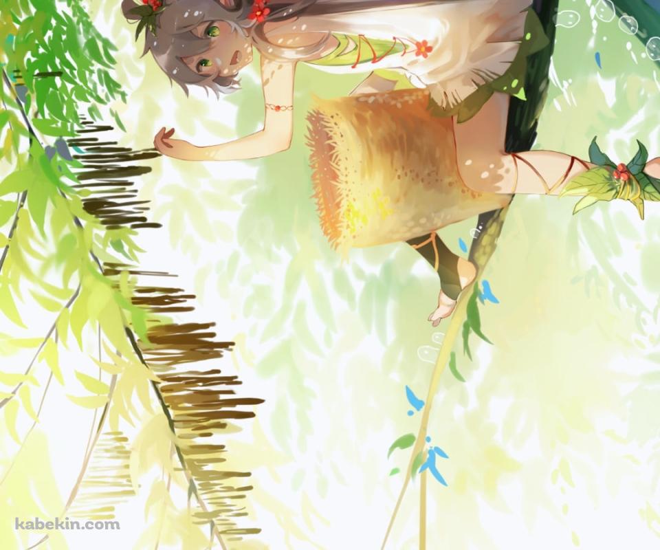 木の上で木の実を収穫する洛天依 / ボカロ / ボーカロイドのAndroidの壁紙(960px x 800px) スマホ用