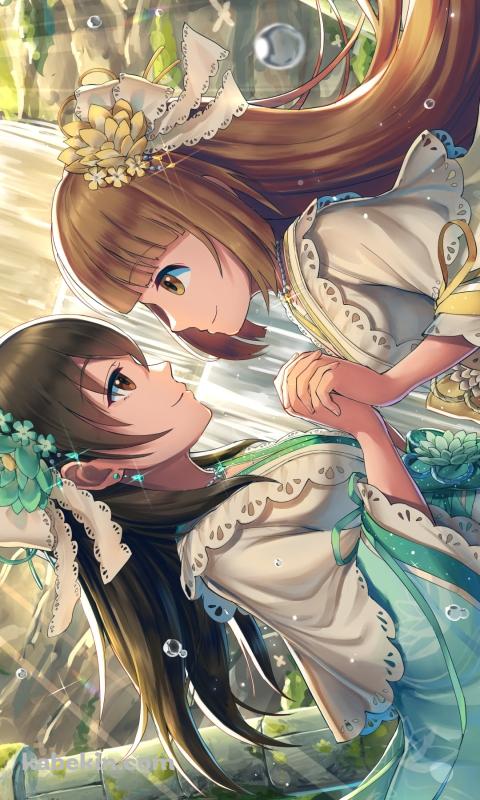 両手を組む可愛い依田芳乃 (よりたよしの)と藤原肇（ふじわら はじめ） / アイドルマスターシンデレラガールズのAndroidの壁紙(480px x 800px) スマホ用
