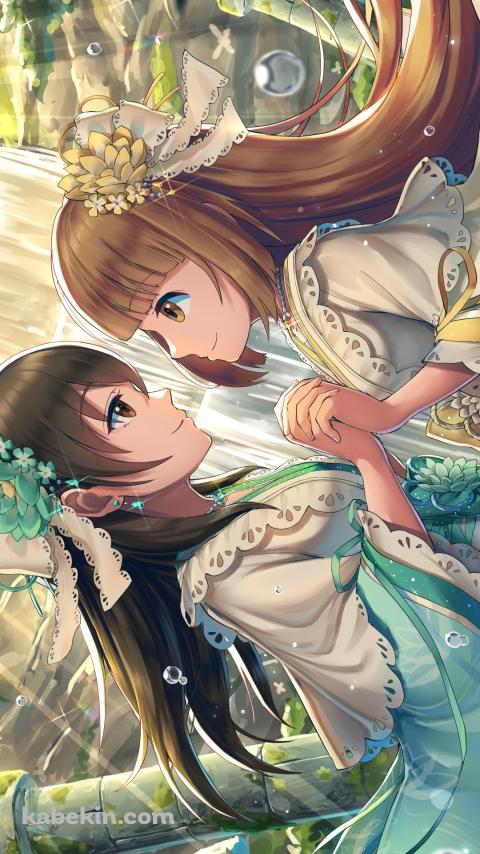 両手を組む可愛い依田芳乃 (よりたよしの)と藤原肇（ふじわら はじめ） / アイドルマスターシンデレラガールズのAndroidの壁紙(480px x 854px) スマホ用