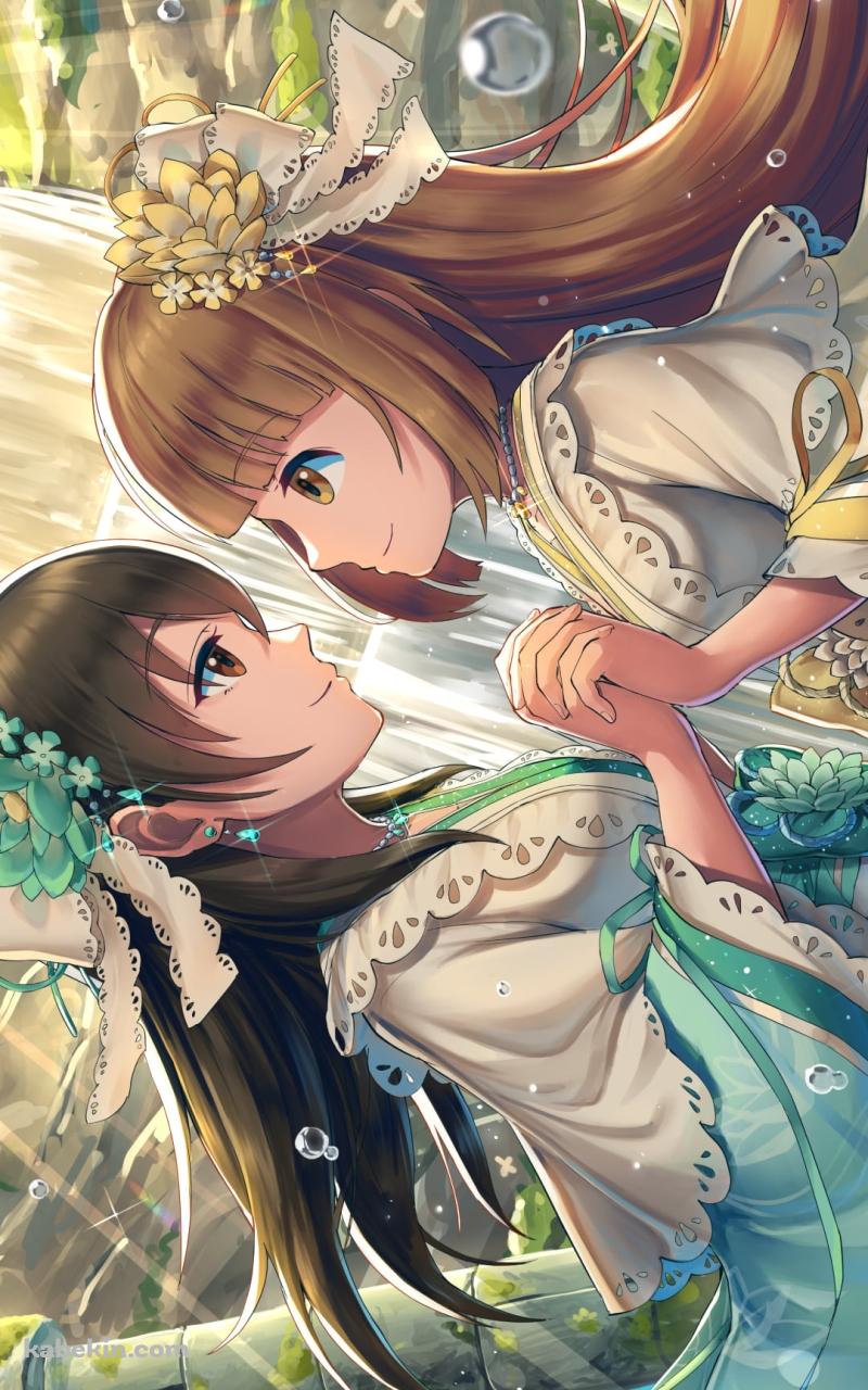 両手を組む可愛い依田芳乃 (よりたよしの)と藤原肇（ふじわら はじめ） / アイドルマスターシンデレラガールズのAndroidの壁紙(800px x 1280px) スマホ用