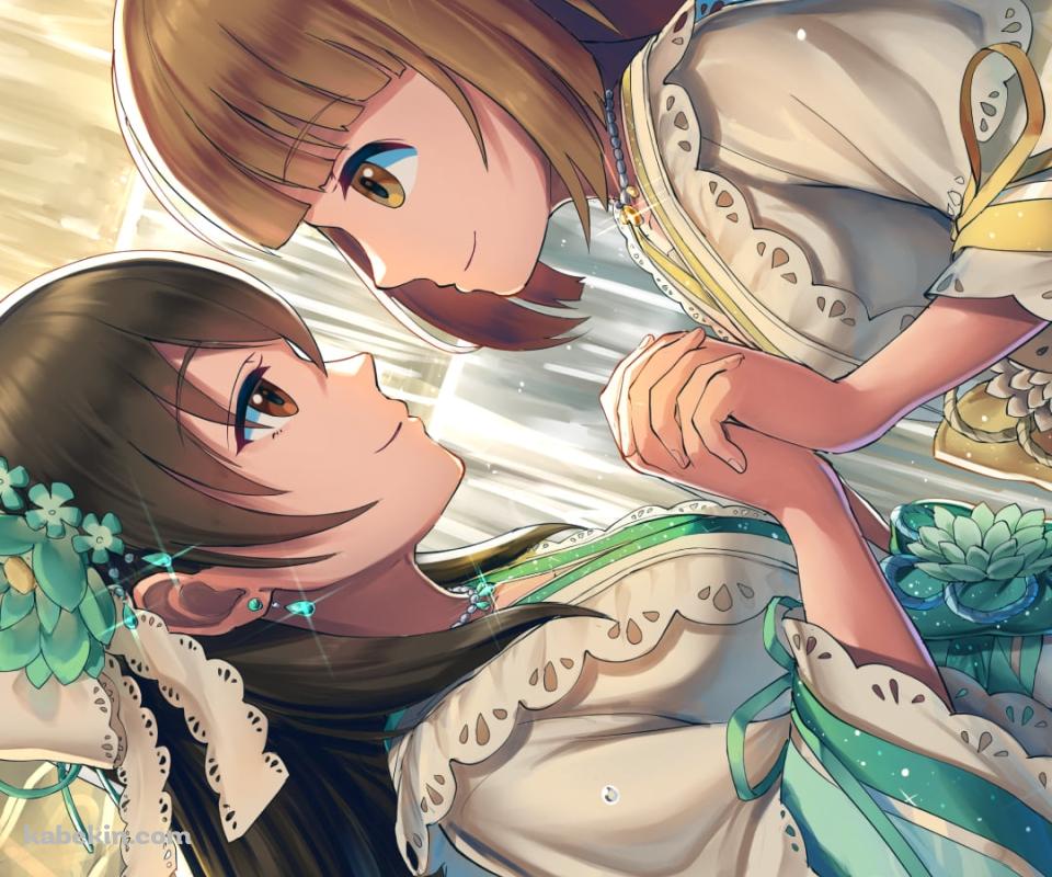 両手を組む可愛い依田芳乃 (よりたよしの)と藤原肇（ふじわら はじめ） / アイドルマスターシンデレラガールズのAndroidの壁紙(960px x 800px) スマホ用