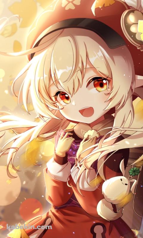 銀杏の葉と笑うクレー / ドドコ / 赤いベレー帽 / 原神のAndroidの壁紙(480px x 800px) スマホ用