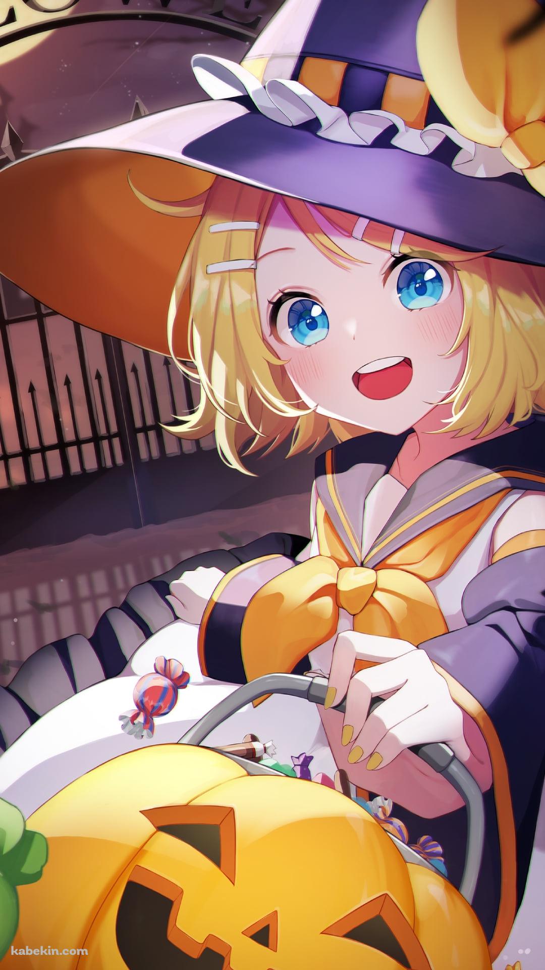 魔女コスをした可愛い鏡音リン / カボチャの鞄 / 三日月 / ボカロ / ボーカロイドのAndroidの壁紙(1080px x 1920px) スマホ用