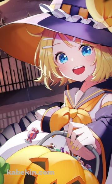 魔女コスをした可愛い鏡音リン / カボチャの鞄 / 三日月 / ボカロ / ボーカロイドのAndroidの壁紙(360px x 592px) スマホ用