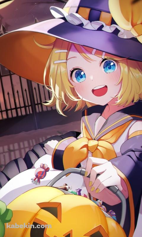 魔女コスをした可愛い鏡音リン / カボチャの鞄 / 三日月 / ボカロ / ボーカロイドのAndroidの壁紙(480px x 800px) スマホ用