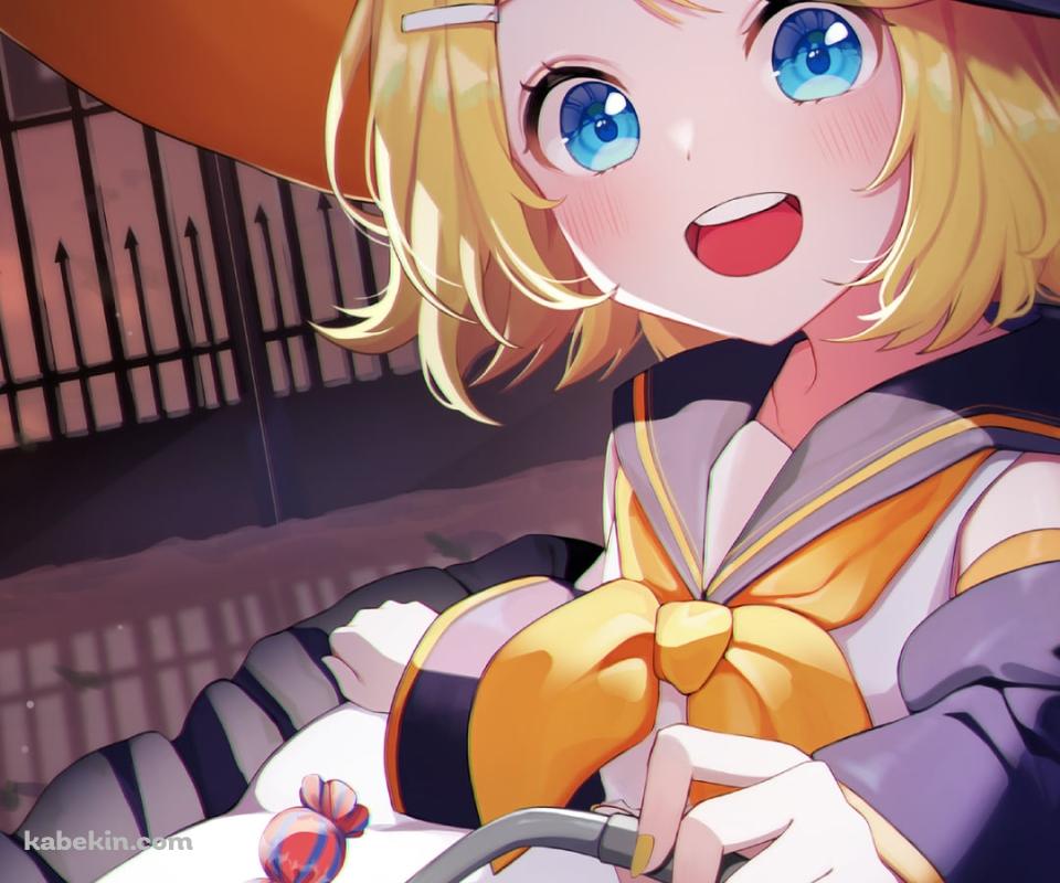魔女コスをした可愛い鏡音リン / カボチャの鞄 / 三日月 / ボカロ / ボーカロイドのAndroidの壁紙(960px x 800px) スマホ用