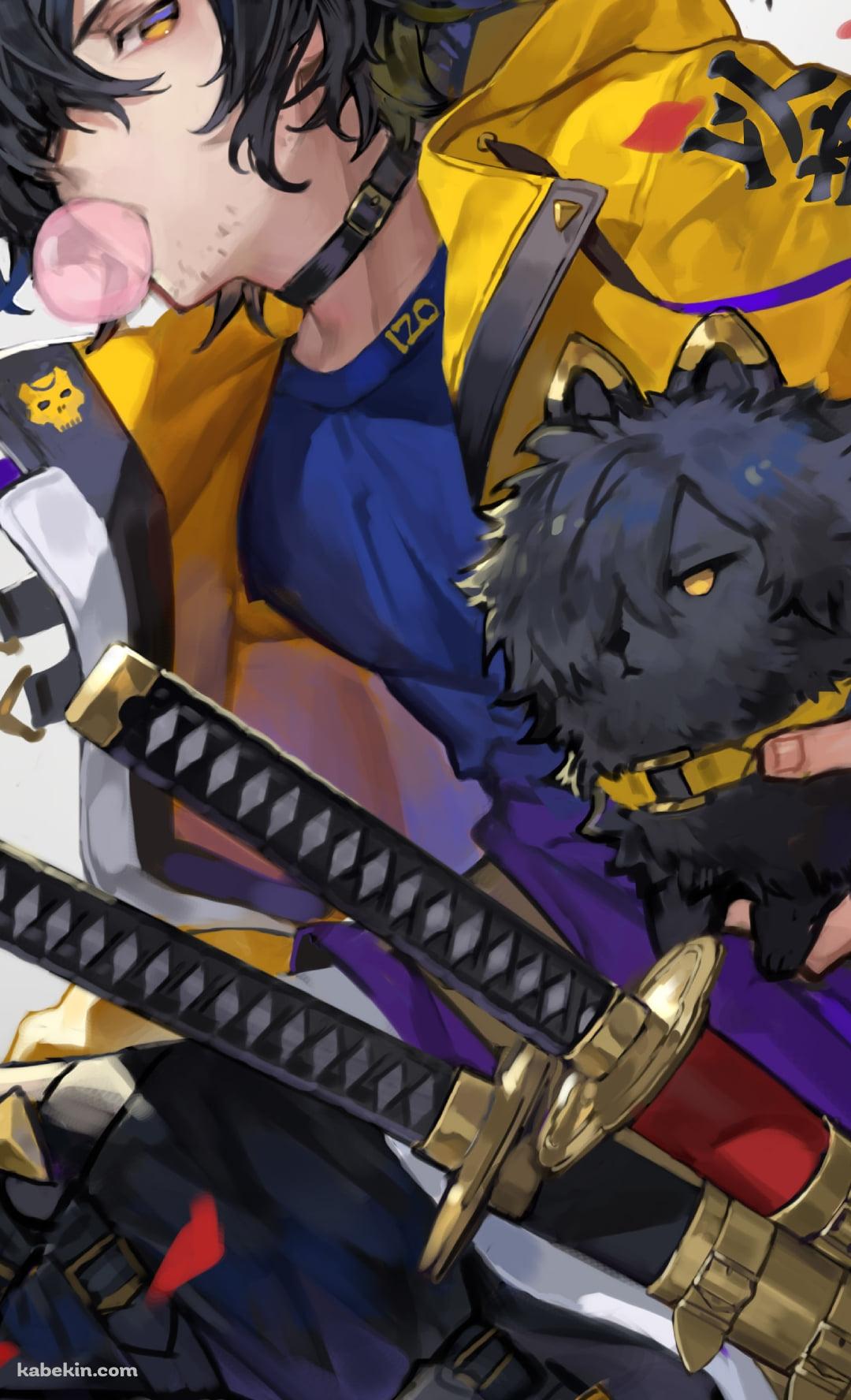 始末犬を抱えながらピンクのガムを膨らますかっこいい岡田以蔵 / fate/grand orderのAndroidの壁紙(1080px x 1776px) スマホ用