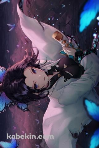 剣に手をかける可愛い胡蝶しのぶ / 無数の青い蝶 / 白いマント / 鬼滅の刃のAndroidの壁紙(320px x 480px) スマホ用