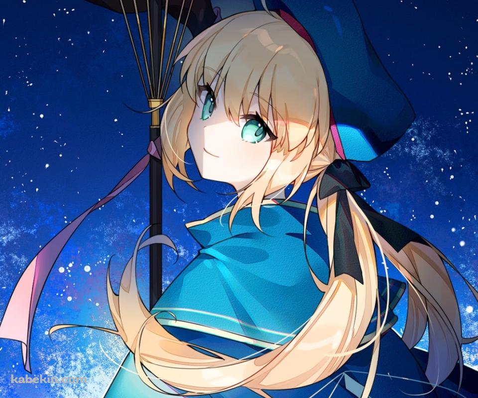 大きな杖を持ち振り返るアルトリア・ペンドラゴン / アルトリア・キャスター / 銀河 / 星空 / fate/grand orderのAndroidの壁紙(960px x 800px) スマホ用