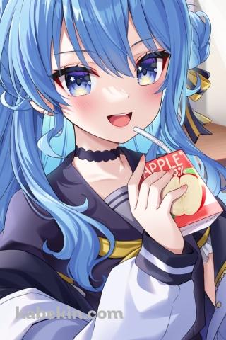 窓際でりんごジュースを飲みゲームをする星街すいせい / ホロライブ / バーチャルYouTuber / VtuberのAndroidの壁紙(320px x 480px) スマホ用