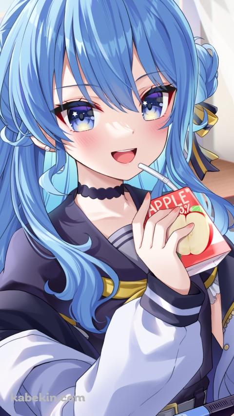 窓際でりんごジュースを飲みゲームをする星街すいせい / ホロライブ / バーチャルYouTuber / VtuberのAndroidの壁紙(480px x 854px) スマホ用