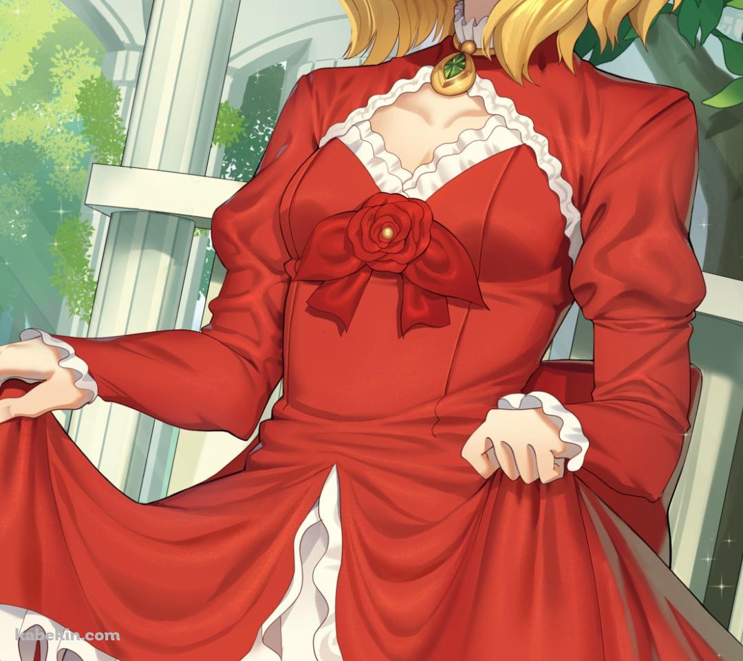 赤いドレスの裾を持ち微笑む櫻井桃華（さくらい ももか） / アイドルマスターシンデレラガールズのAndroidの壁紙(1080px x 960px) スマホ用