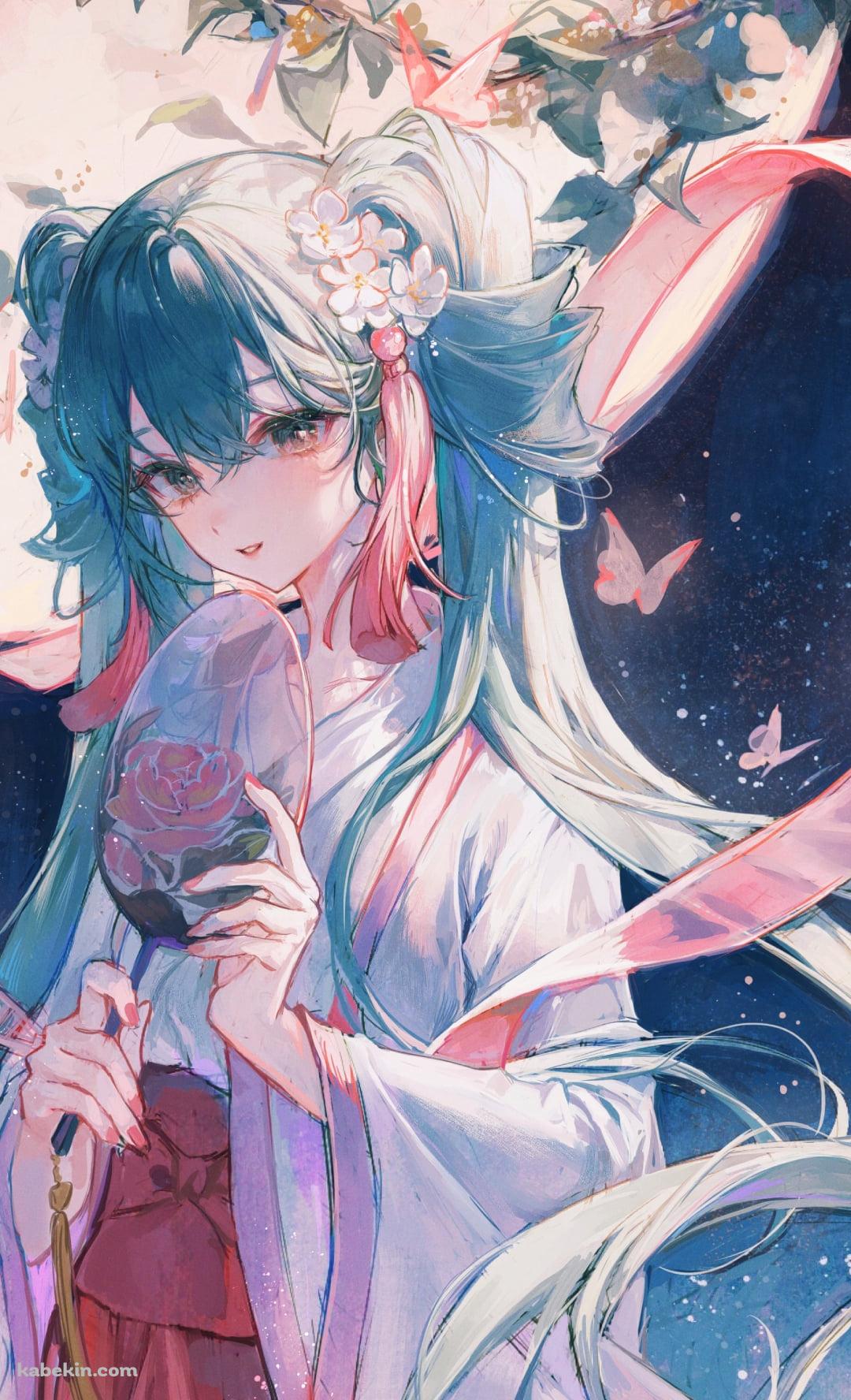 団扇を持つ天女姿の初音ミク / 月 / ボカロ / ボーカロイドのAndroidの壁紙(1080px x 1776px) スマホ用