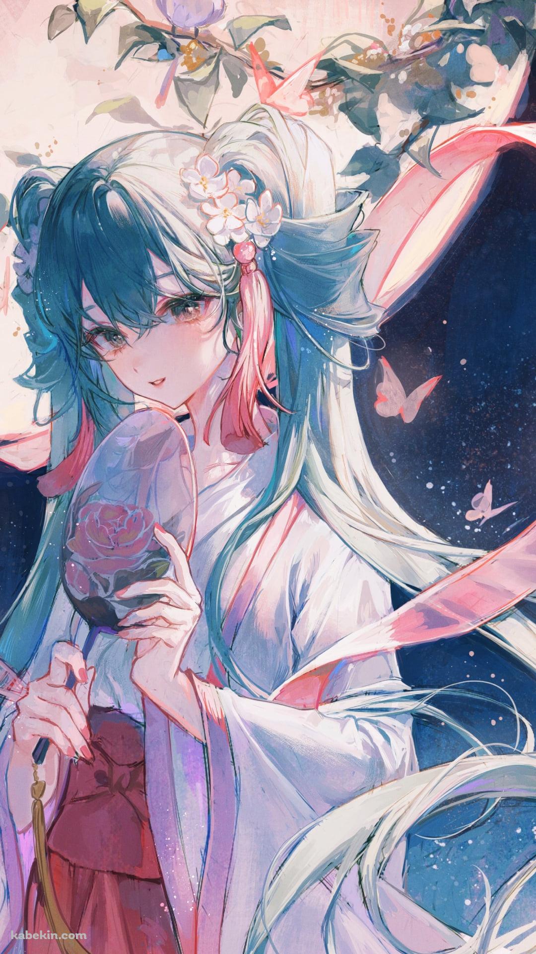 団扇を持つ天女姿の初音ミク / 月 / ボカロ / ボーカロイドのAndroidの壁紙(1080px x 1920px) スマホ用