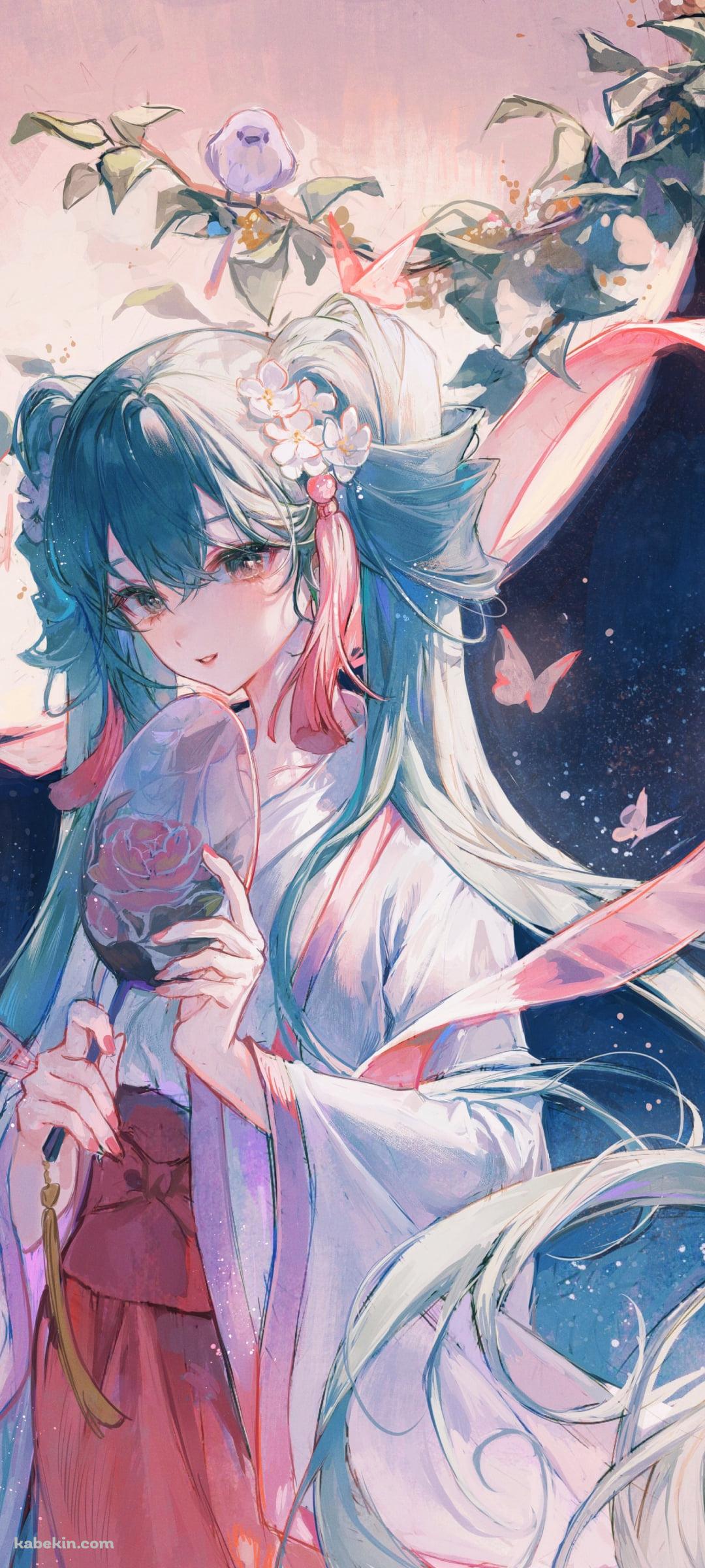 団扇を持つ天女姿の初音ミク / 月 / ボカロ / ボーカロイドのAndroidの壁紙(1080px x 2400px) スマホ用